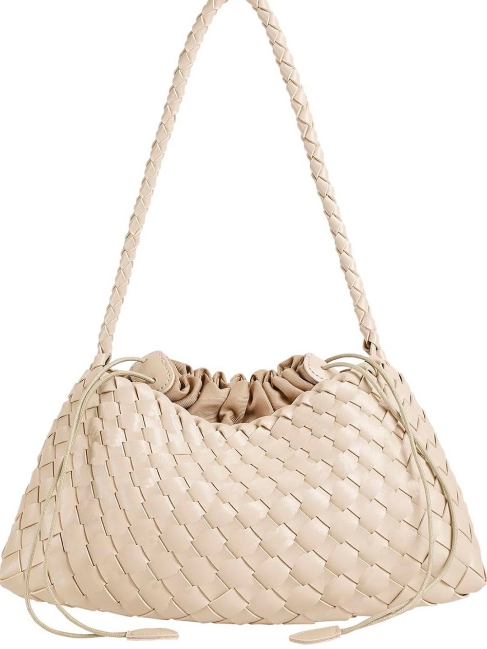 Woven Drawstring Shoulder Bag in Beige
